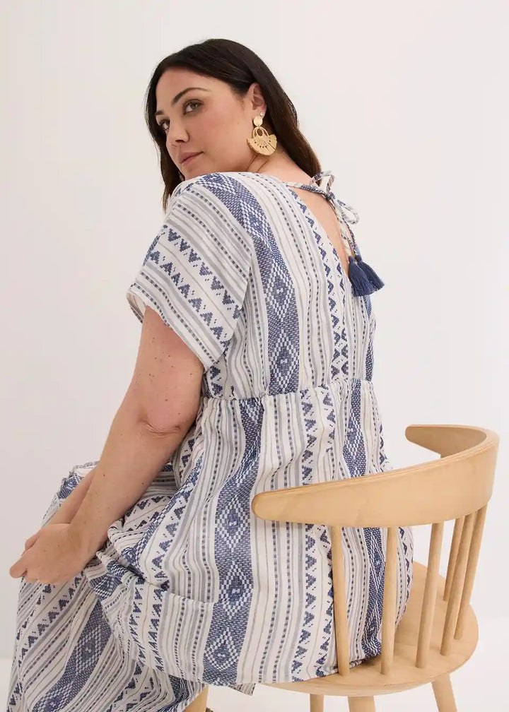 Damen Maxikleid mit Ethno-Streifen | Luftiges Sommerkleid mit Taillenband | Lockeres Freizeitkleid für Urlaub &amp; Strand