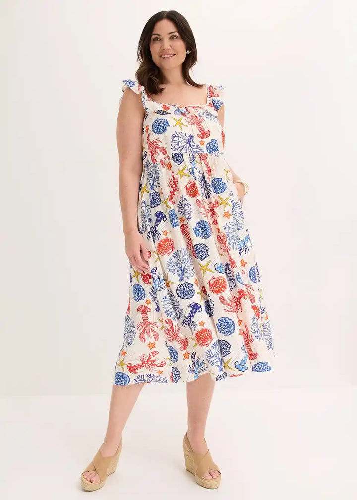 Damen Maxikleid mit Meerestier-Print | Luftiges Sommerkleid mit Rüschen-Trägern | Lockeres Freizeitkleid für Urlaub &amp; Strand