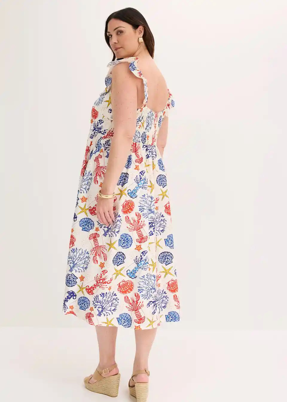 Damen Maxikleid mit Meerestier-Print | Luftiges Sommerkleid mit Rüschen-Trägern | Lockeres Freizeitkleid für Urlaub &amp; Strand