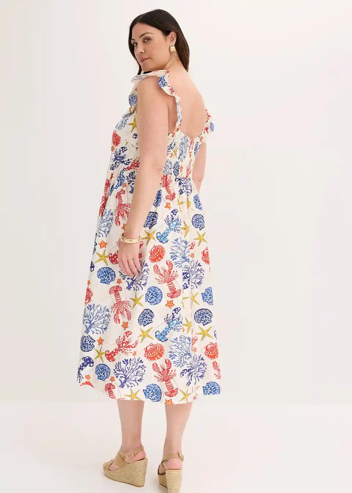 Damen Maxikleid mit Meerestier-Print | Luftiges Sommerkleid mit Rüschen-Trägern | Lockeres Freizeitkleid für Urlaub &amp; Strand
