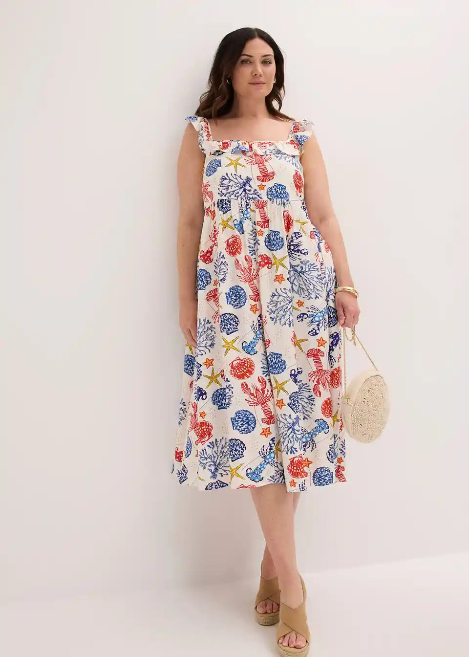Damen Maxikleid mit Meerestier-Print | Luftiges Sommerkleid mit Rüschen-Trägern | Lockeres Freizeitkleid für Urlaub &amp; Strand