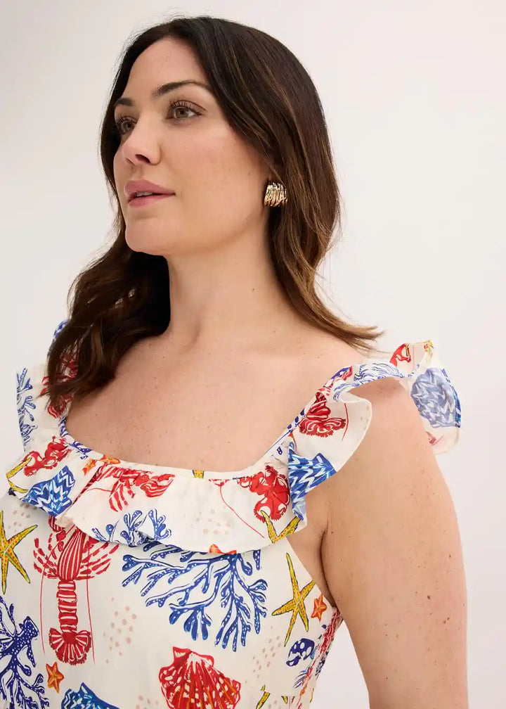 Damen Maxikleid mit Meerestier-Print | Luftiges Sommerkleid mit Rüschen-Trägern | Lockeres Freizeitkleid für Urlaub &amp; Strand