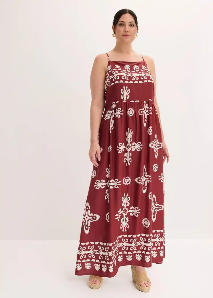 Damen Maxikleid mit Ethno-Muster | Luftiges Boho Sommerkleid mit Spaghettiträgern | Lockeres Freizeitkleid für Urlaub