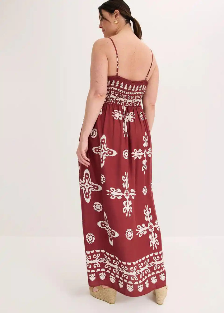 Damen Maxikleid mit Ethno-Muster | Luftiges Boho Sommerkleid mit Spaghettiträgern | Lockeres Freizeitkleid für Urlaub