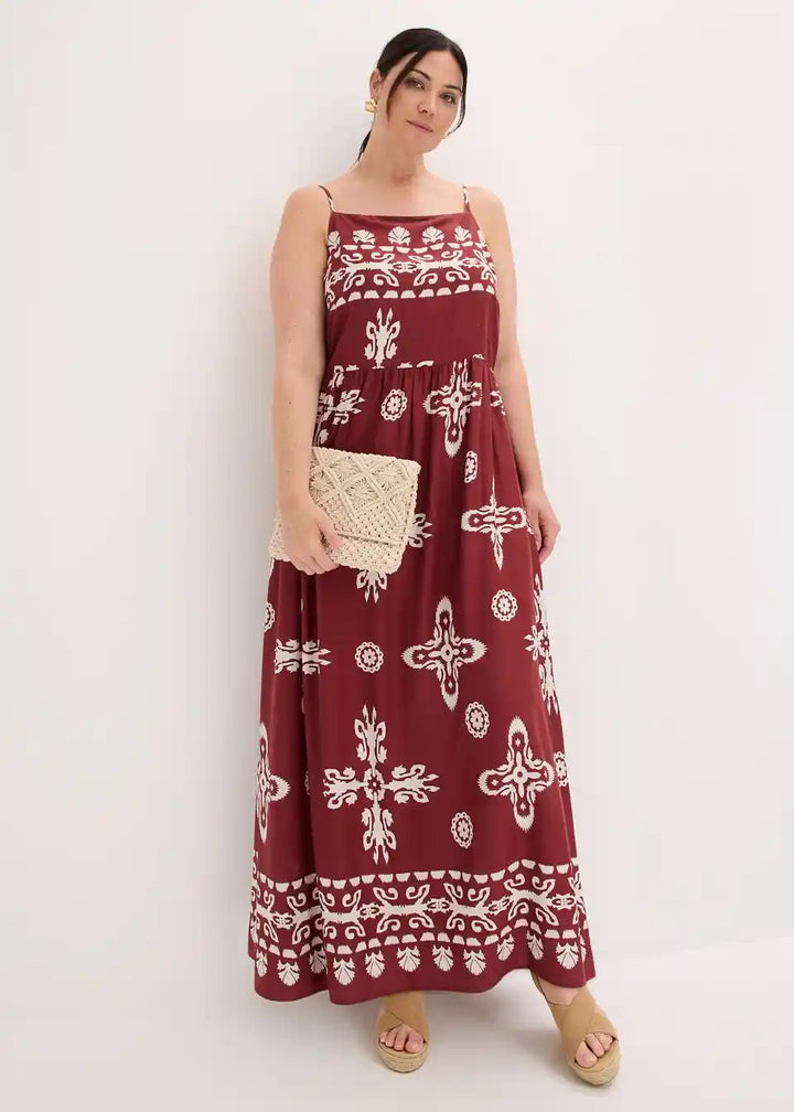 Damen Maxikleid mit Ethno-Muster | Luftiges Boho Sommerkleid mit Spaghettiträgern | Lockeres Freizeitkleid für Urlaub