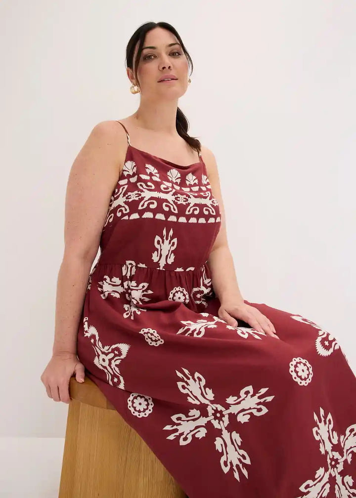 Damen Maxikleid mit Ethno-Muster | Luftiges Boho Sommerkleid mit Spaghettiträgern | Lockeres Freizeitkleid für Urlaub