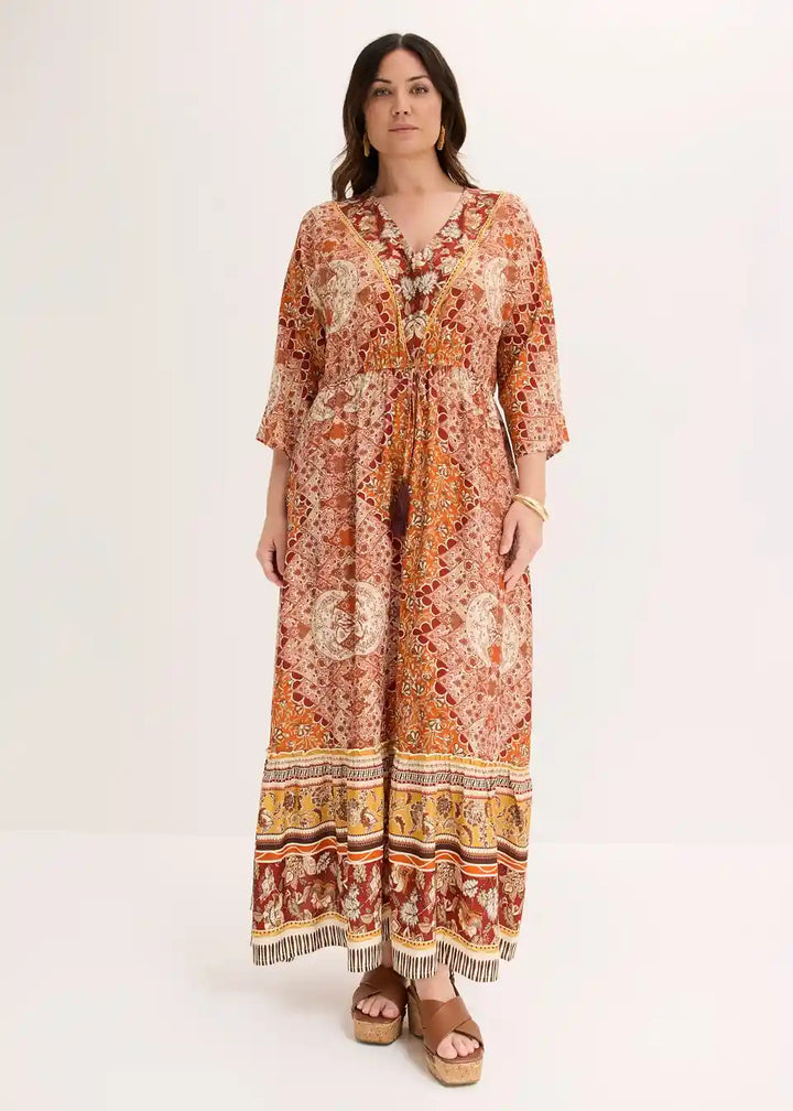Damen Boho Maxikleid mit Ethno-Muster | Luftiges Sommerkleid mit 3/4-Ärmeln | Lockeres Freizeitkleid für Urlaub
