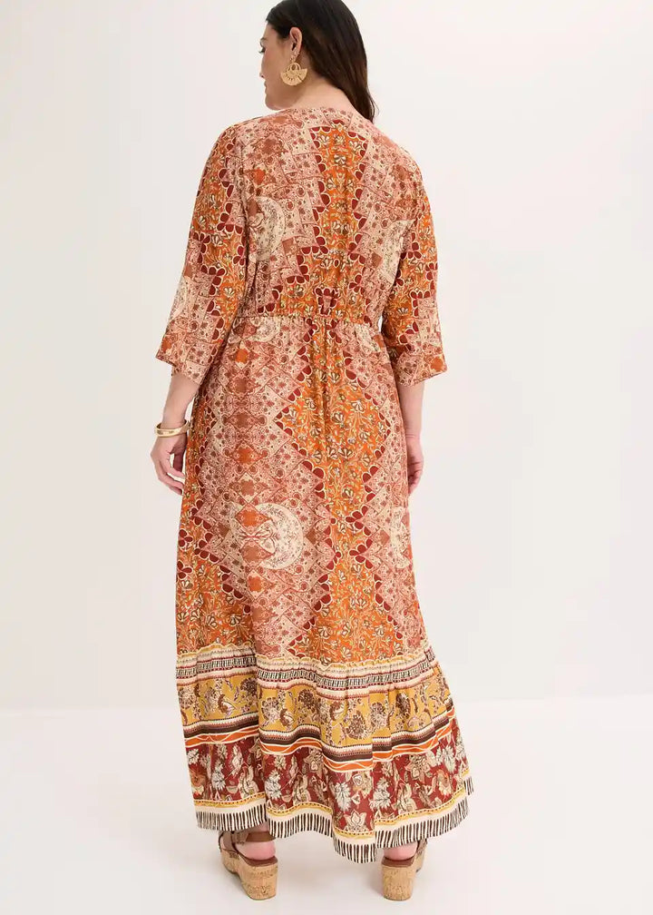 Damen Boho Maxikleid mit Ethno-Muster | Luftiges Sommerkleid mit 3/4-Ärmeln | Lockeres Freizeitkleid für Urlaub