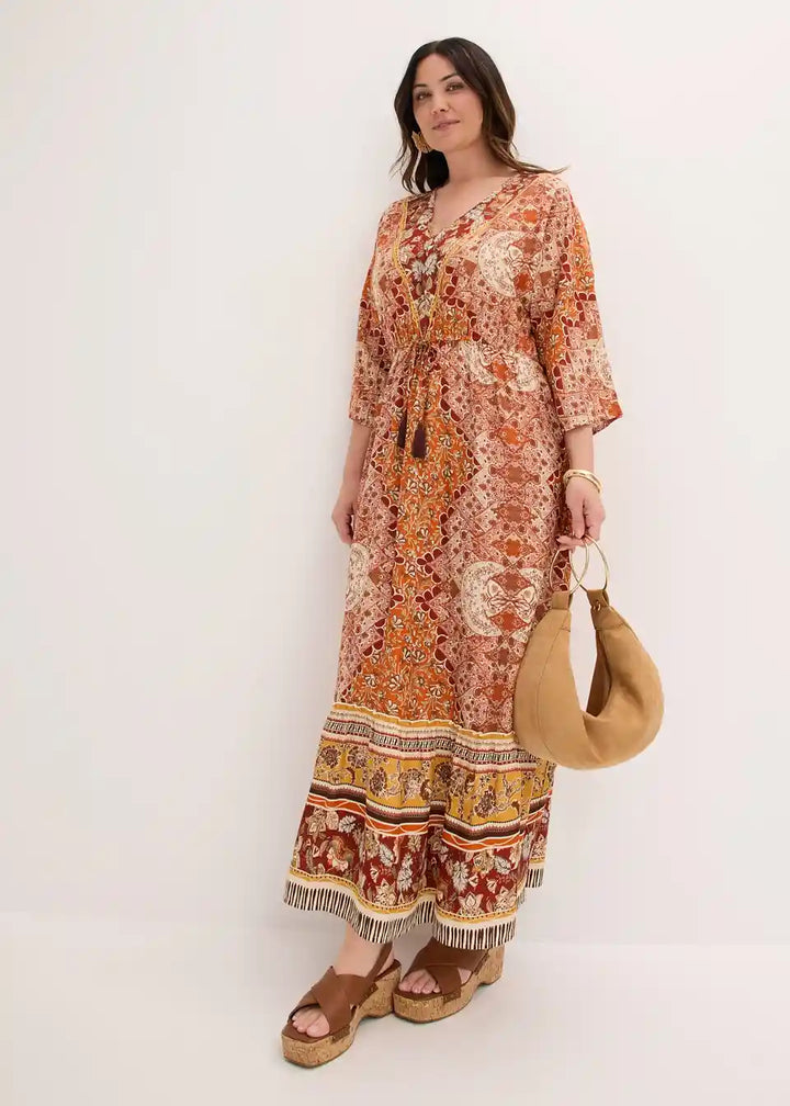 Damen Boho Maxikleid mit Ethno-Muster | Luftiges Sommerkleid mit 3/4-Ärmeln | Lockeres Freizeitkleid für Urlaub