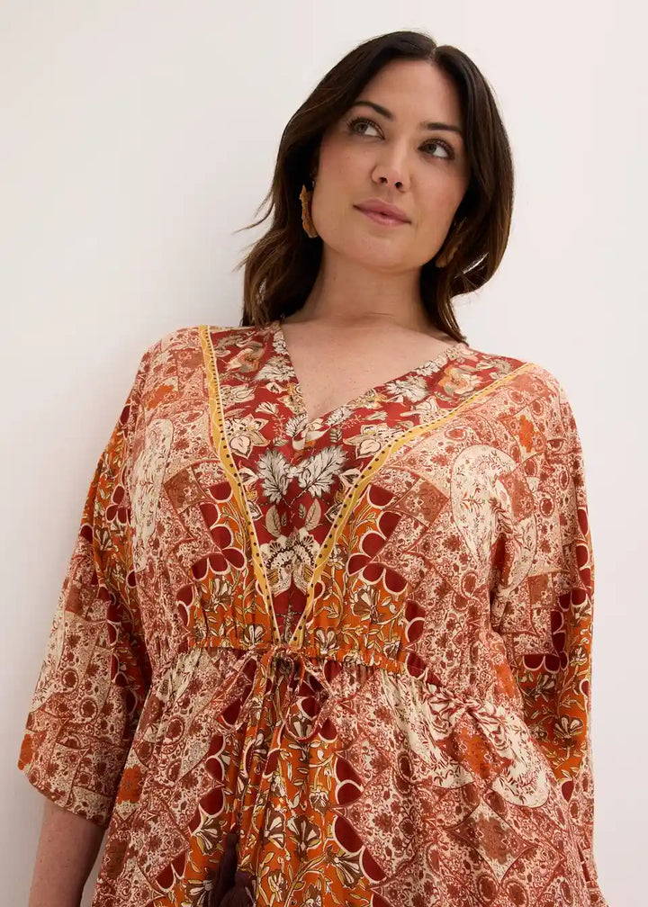 Damen Boho Maxikleid mit Ethno-Muster | Luftiges Sommerkleid mit 3/4-Ärmeln | Lockeres Freizeitkleid für Urlaub