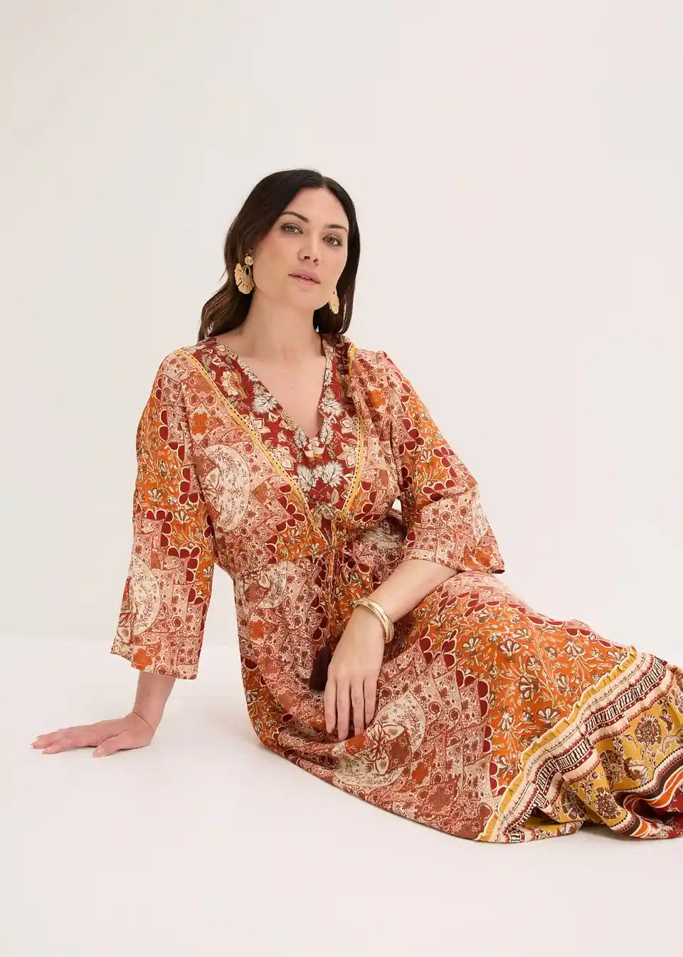 Damen Boho Maxikleid mit Ethno-Muster | Luftiges Sommerkleid mit 3/4-Ärmeln | Lockeres Freizeitkleid für Urlaub