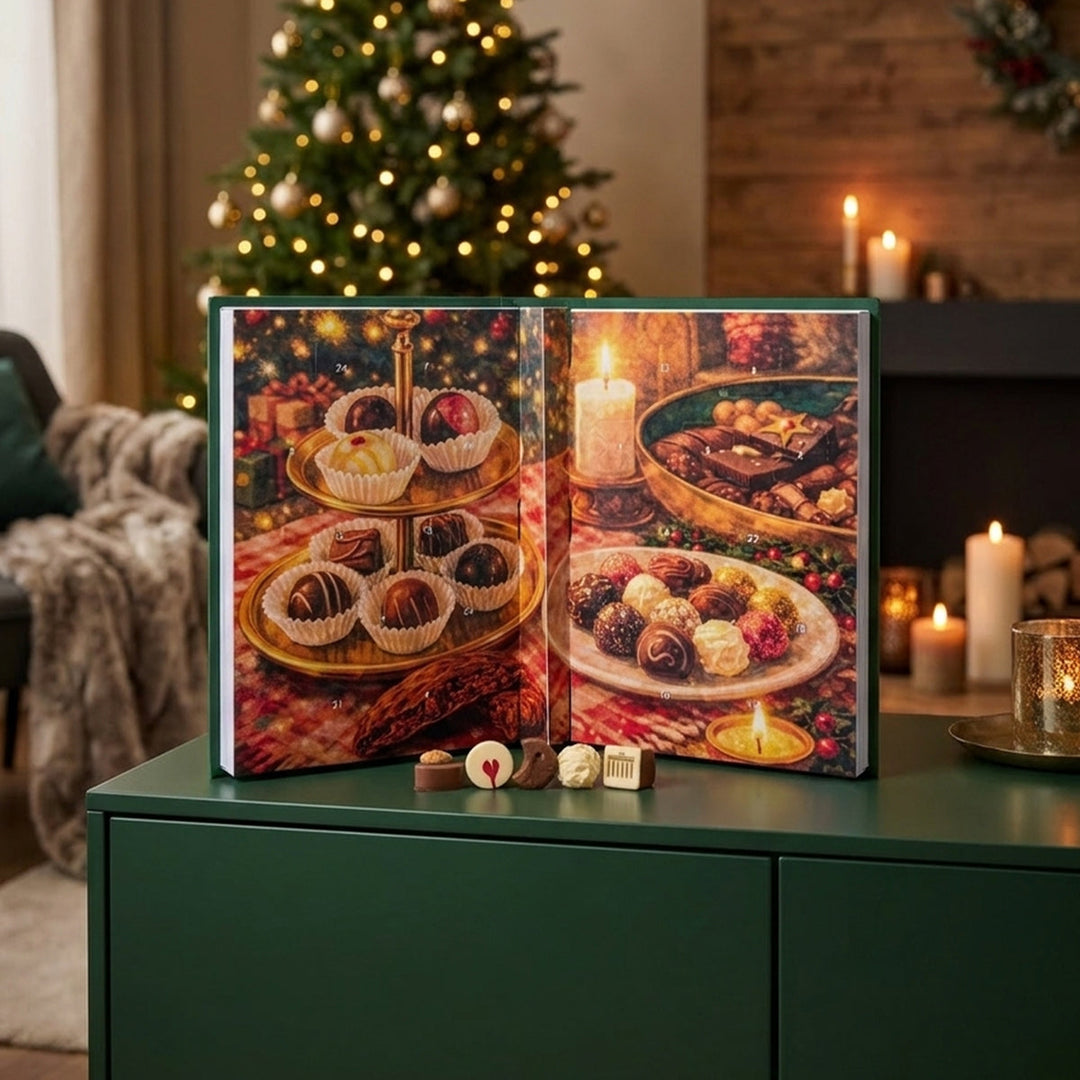 Pralinen Adventskalender | 24 Türchen mit 26 Pralinen und Trüffeln | Schokolade mit Nougat, Marzipan und fruchtigen Füllungen