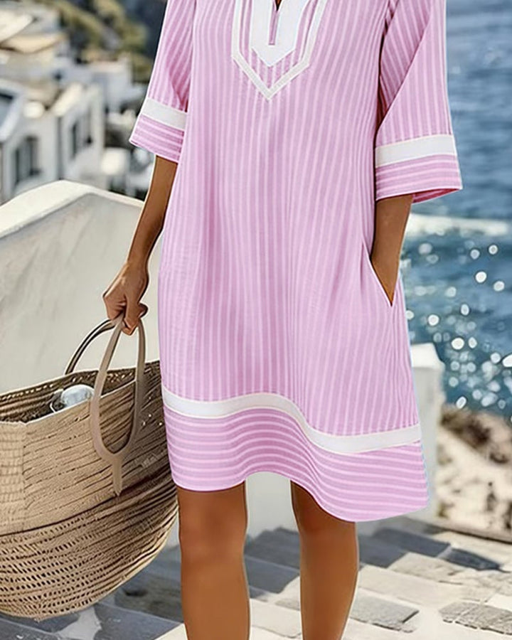 Damen Sommerkleid mit Streifen | Luftiges Shift-Kleid mit V-Ausschnitt, Seitentaschen &amp; lockerem Schnitt für Alltag &amp; Urlaub