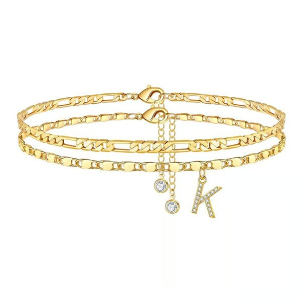 Chaîne de cheville lettres multicouches et réglable | Hypoallergénique, sans nickel ni plomb | Or/argent | 21,5 cm + 5 cm