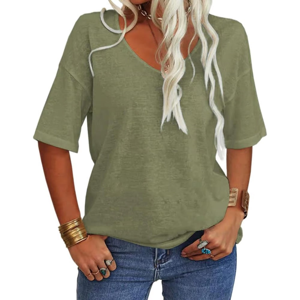 Damen V-Ausschnitt T-Shirt mit längeren Ärmeln | Lockerer Schnitt, blickdicht &amp; luftig | Sommer Shirt S–5XL