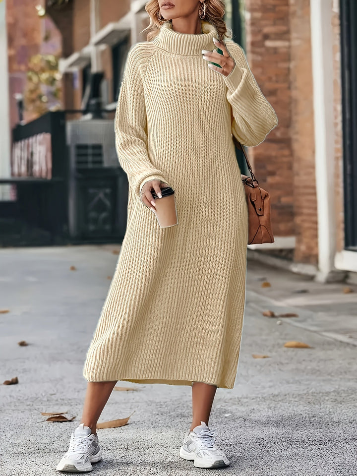 Damen Strickkleid Midi mit Rollkragen | Warmes Langarm-Pulloverkleid mit lockerer Passform und Raglanärmeln für Herbst und Winter