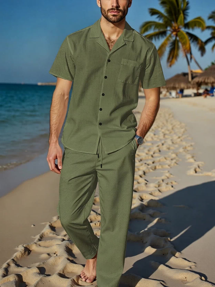 Herren Leinen-Set 2-teilig | Kurzarmhemd mit Kragen &amp; Hose mit Gummibund | Atmungsaktiv, sommerlich, S–XXXL