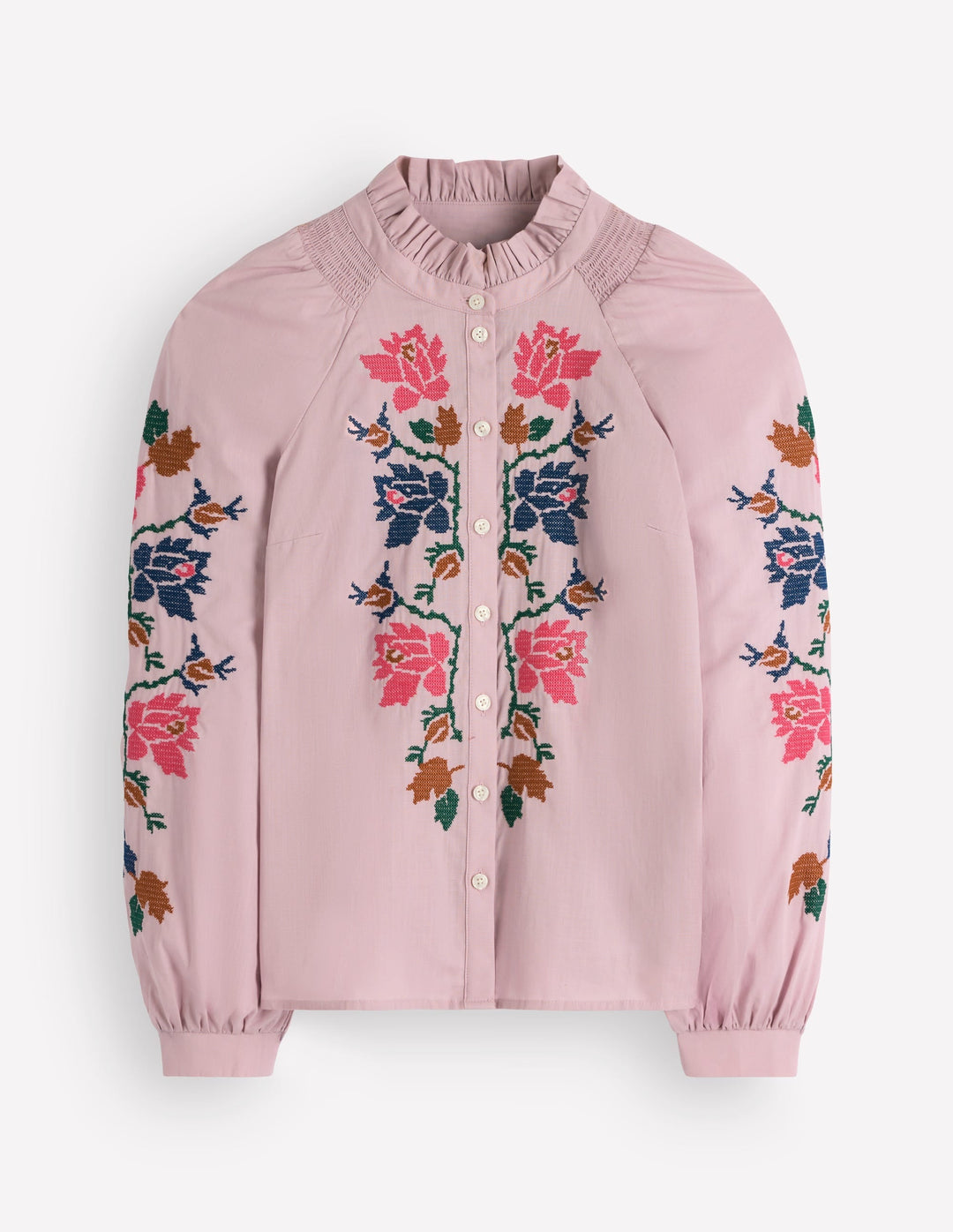 Damen Top | Baumwoll-Top mit Rüschen, Blumenstickerei und Blouson-Ärmeln