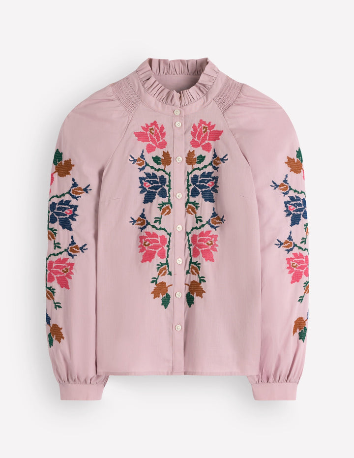 Damen Top | Baumwoll-Top mit Rüschen, Blumenstickerei und Blouson-Ärmeln