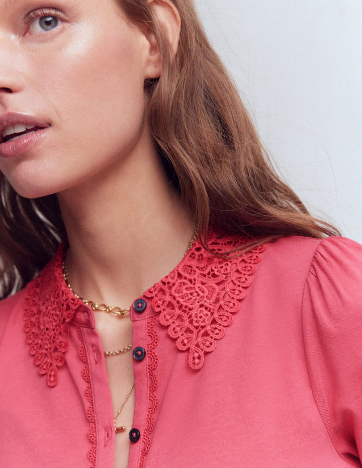 Damen Bluse | Leichte Bluse mit Broderie-Kragen und kurzen Puffärmeln