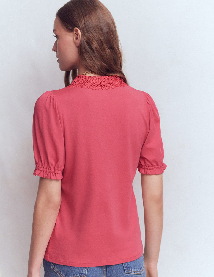 Damen Bluse | Leichte Bluse mit Broderie-Kragen und kurzen Puffärmeln