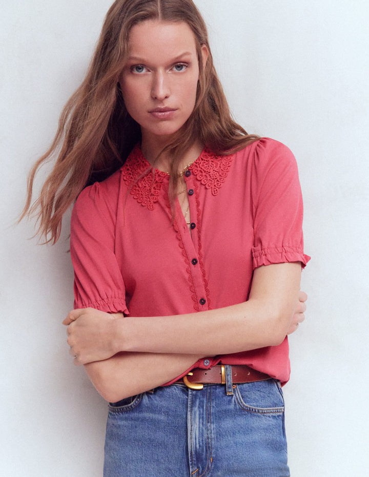 Damen Bluse | Leichte Bluse mit Broderie-Kragen und kurzen Puffärmeln