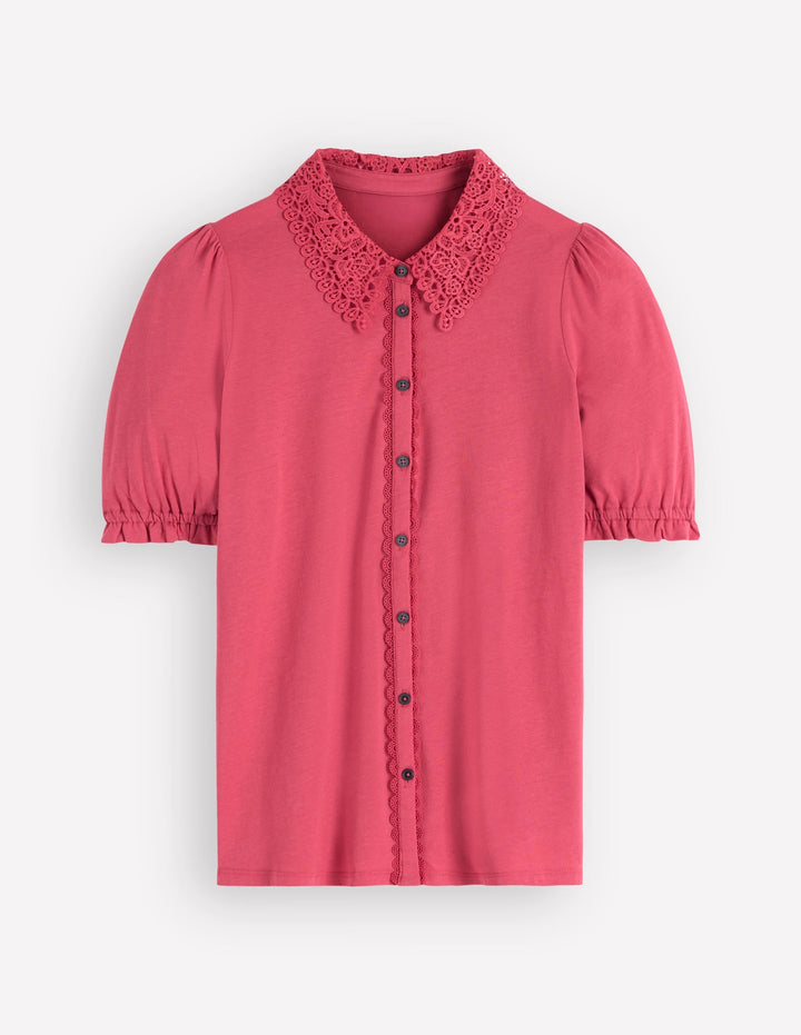 Damen Bluse | Leichte Bluse mit Broderie-Kragen und kurzen Puffärmeln