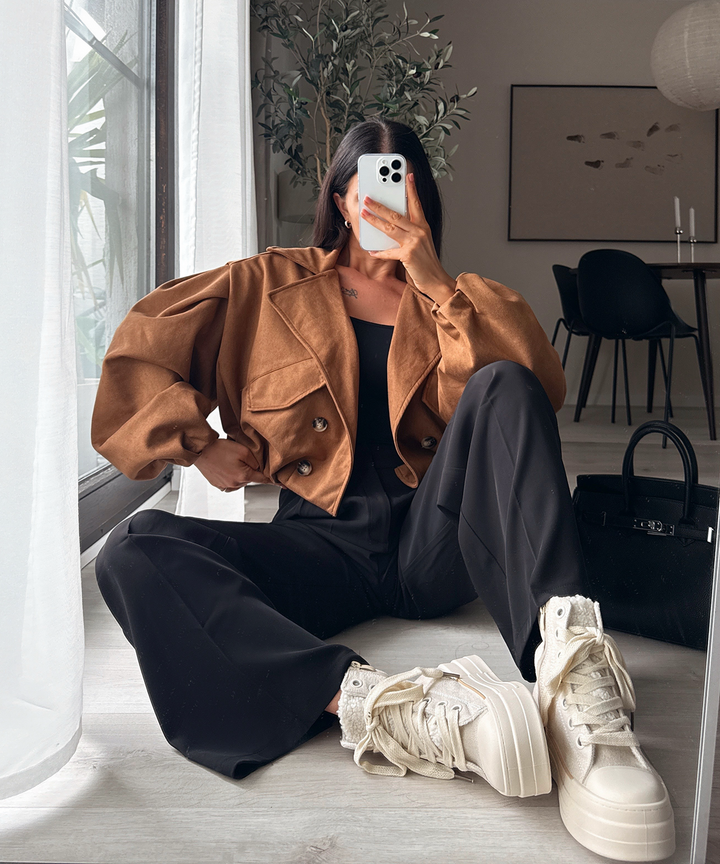 Damen Crop Trenchcoat | Kurzer Wildleder-Look Mantel mit modernem Schnitt