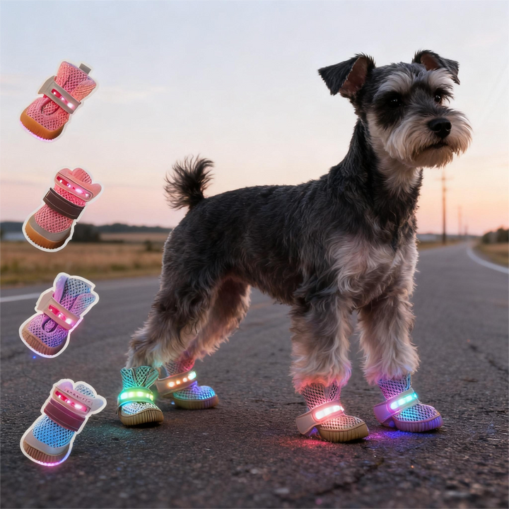 LED Hundeschuhe 4er-Set mit Antirutschsohle | Leuchtende Pfotenschuhe für Hunde | Atmungsaktives Mesh &amp; Klettverschluss | XS–XL