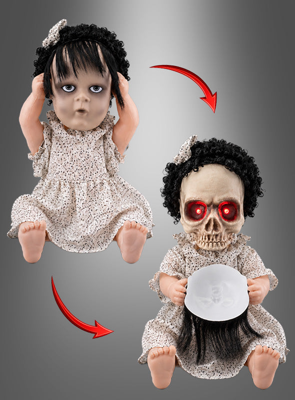 Animierte Horrorpuppe 40 cm mit zwei Gesichtern | Halloween Deko mit Totenschädel, roten Leuchtaugen, Bewegung und Sound