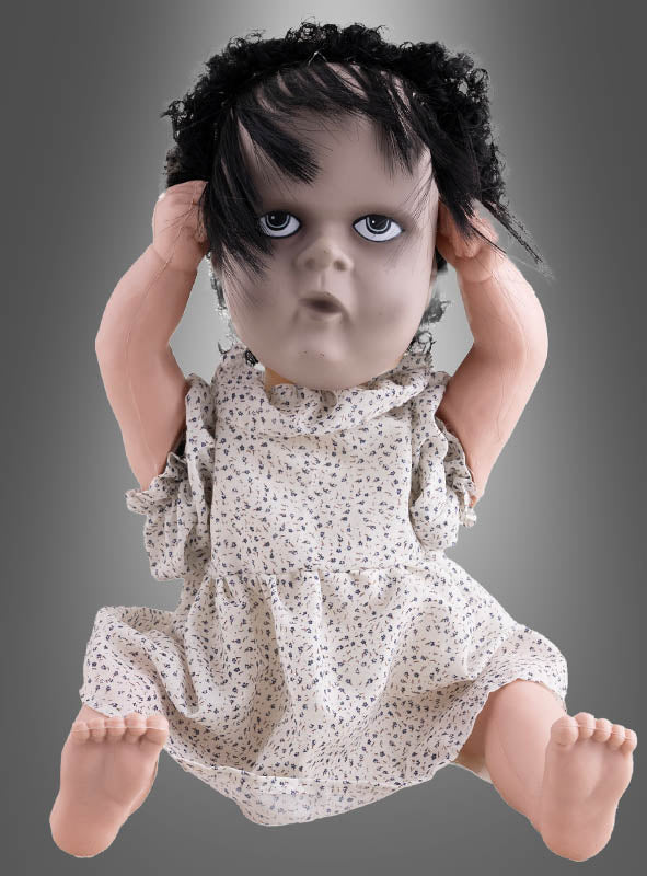 Animierte Horrorpuppe 40 cm mit zwei Gesichtern | Halloween Deko mit Totenschädel, roten Leuchtaugen, Bewegung und Sound