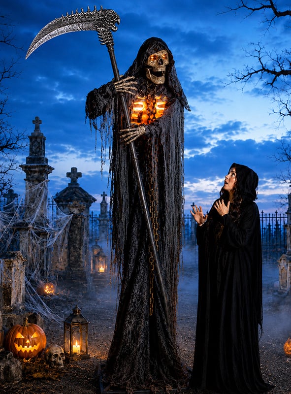Animatronic Sensenmann 300 cm XXL | Riesige Halloween Figur mit Sense, Bewegung, Leuchteffekten, Sound und Bewegungsmelder