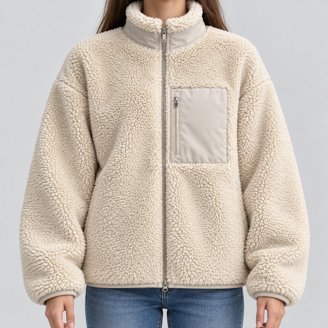 Damen Teddyjacke Oversize mit Stehkragen | Warme Jacke in Teddy-Optik mit Reißverschluss und Vordertasche für Winter und Freizeit