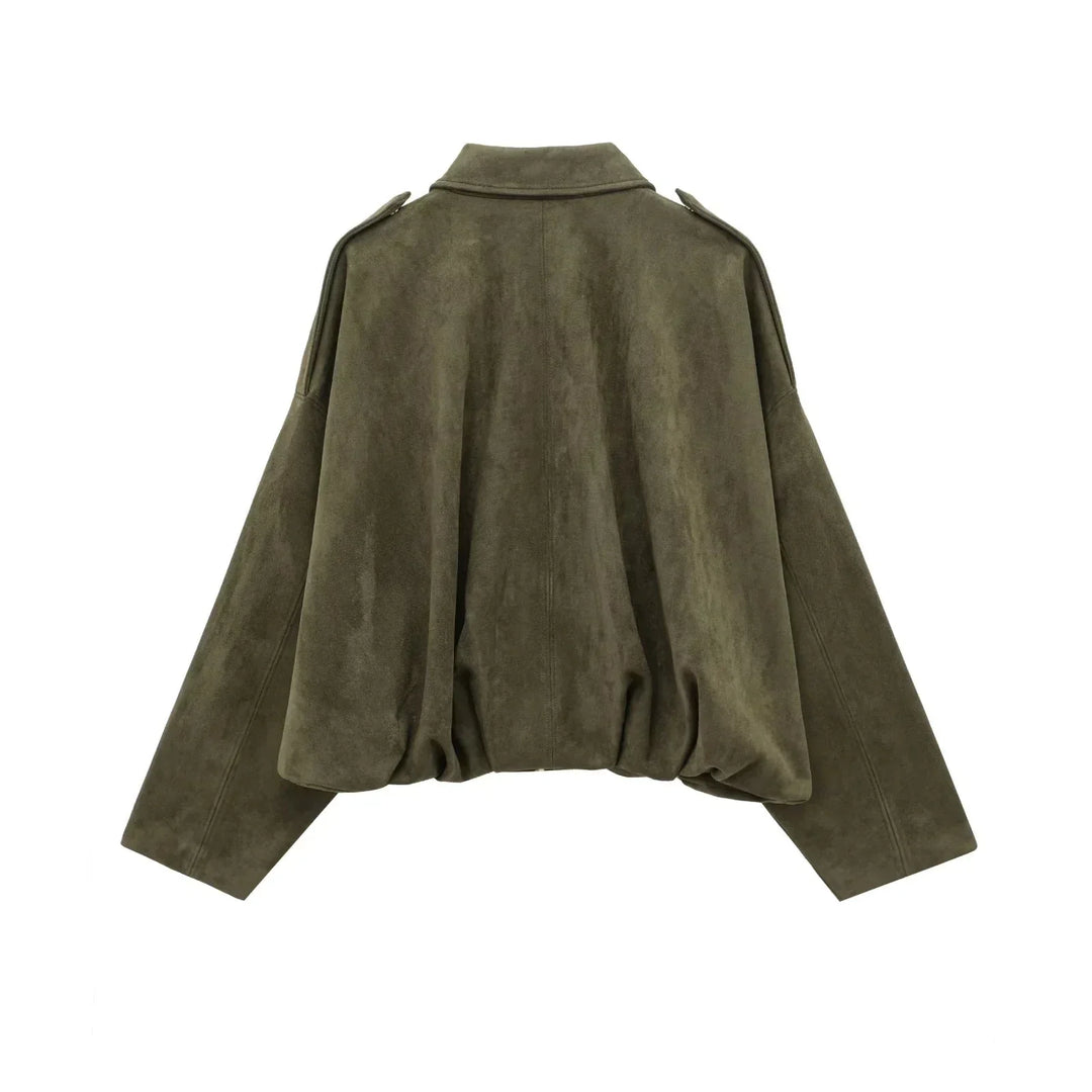Damen Überdimensional Jacke | Weiche Wildlederoptik | Voll gefüttert | Khaki