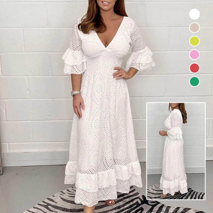 Damen Midikleid V-Ausschnitt mit hoher Taille | Bestickte Ärmel, elastischer Bund | Luftig aus Baumwolle | Elegant &amp; Alltag