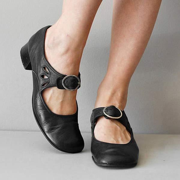 Damen Mary Jane Lederschuhe im Vintage-Stil | Rundspitze, Cutouts &amp; Schnallenriemen | Blockabsatz, gepolsterte Sohle