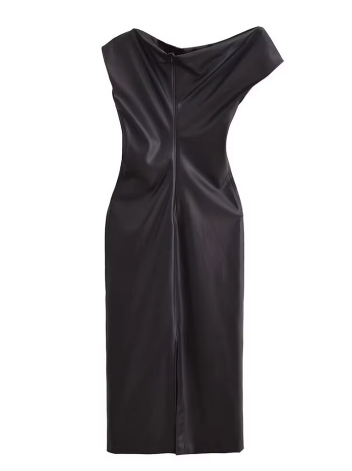 Damen Lederkleid Ärmellos | Elegantes Midikleid in Lederoptik mit Asymmetrischem Saum | Figurbetonte Passform für Party &amp; Abend