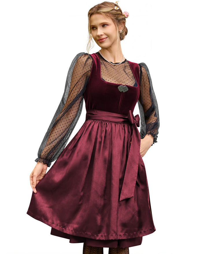 Dirndl Midi Damen | Samtdirndl mit 60 cm Rocklänge und Dirndlschürze für Oktoberfest und Volksfest