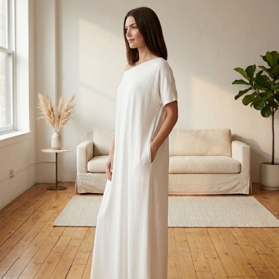 Off-shoulder maxi dress with pockets | Loose and airy | Summer dress with wide neckline S–2XL