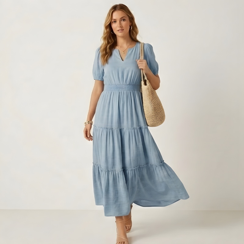 Maxi dress with smocked waist &amp; tiered ruffles | V-neck, butterfly sleeves &amp; pockets | Airy, figure-flattering