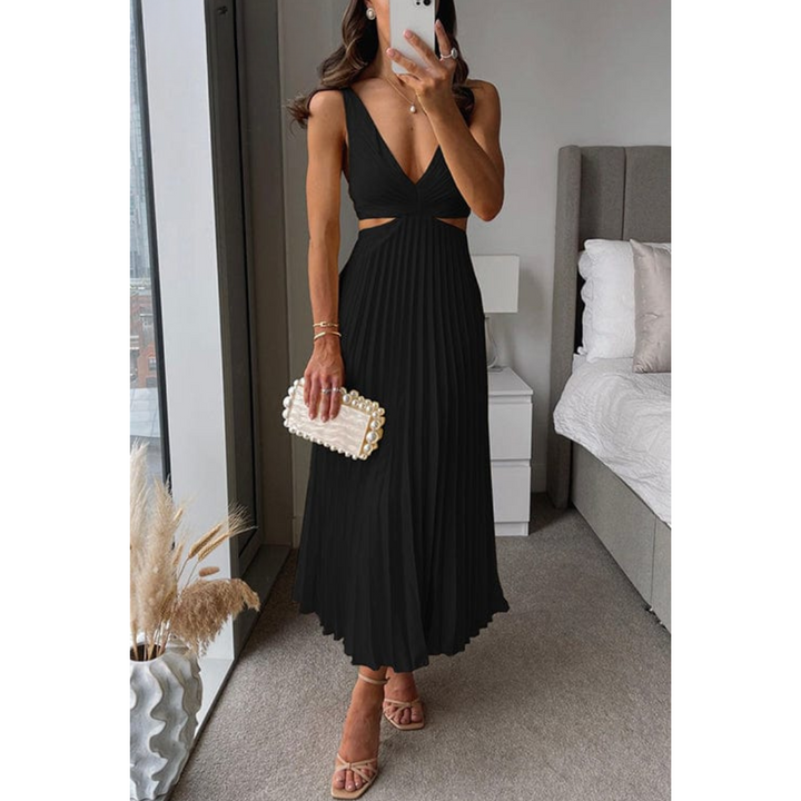 Pleated Midi Dress with V-neck &amp; Waist Cutouts | Sleeveless, Regular Fit | Elegant Dress for Events &amp; Evenings