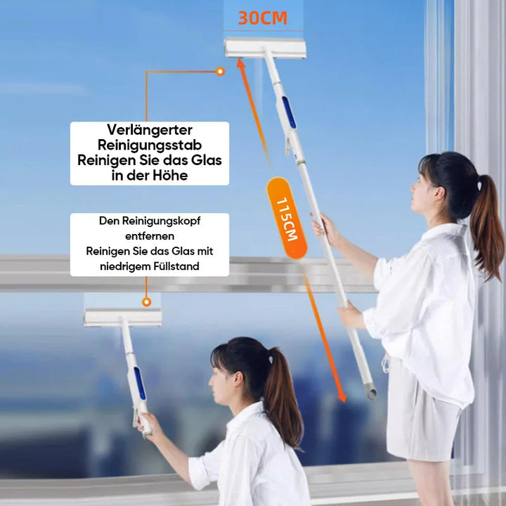Fensterreiniger mit Teleskopstange &amp; Doppelabzieher | Streifenfreie Glasreinigung mit Sprühfunktion | Für Fenster &amp; Spiegel