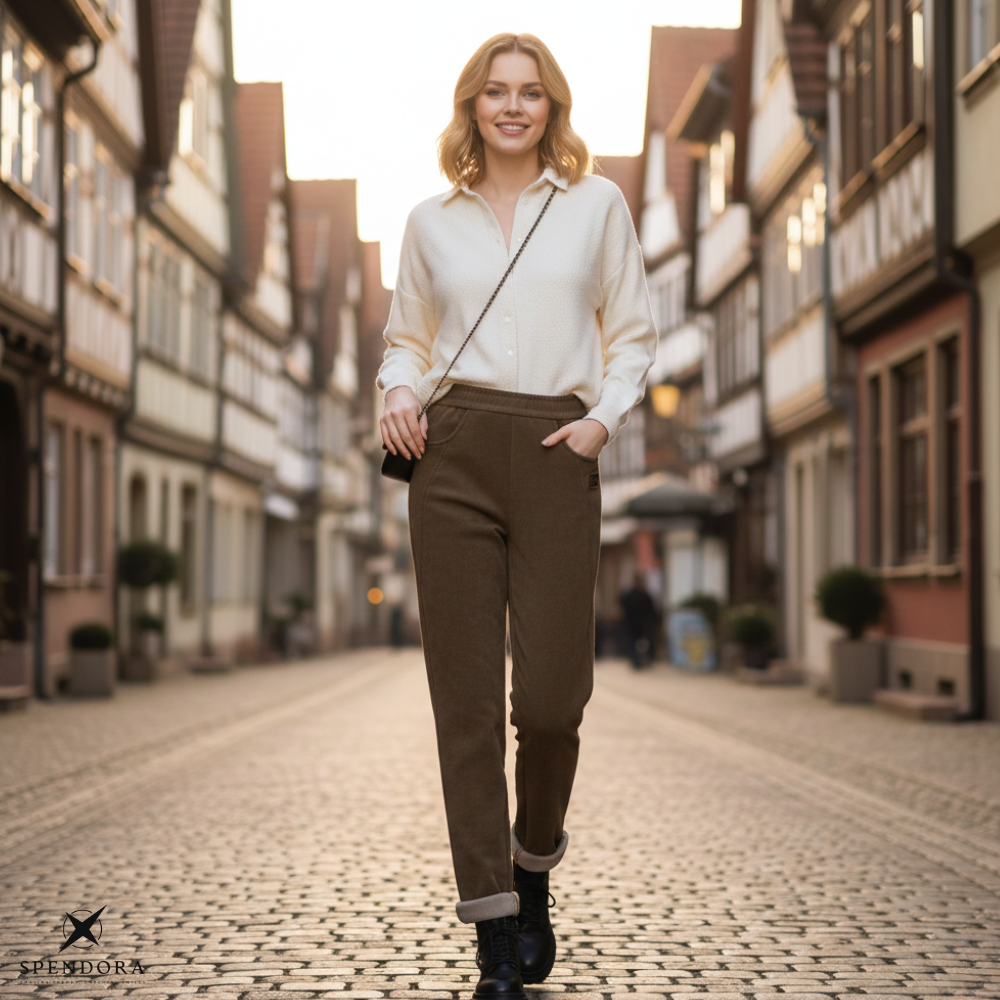 Damen Cordhose mit Fleecefutter | Hoch geschnittene Winterhose mit Taschen und leicht elastischer Passform