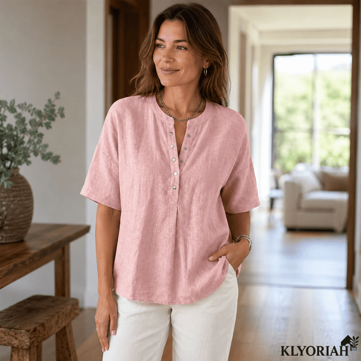 Damen Leinenpullover aus Baumwoll-Leinen-Mix | Lockeres Langarmshirt mit Knopfausschnitt | Leicht &amp; Atmungsaktiv