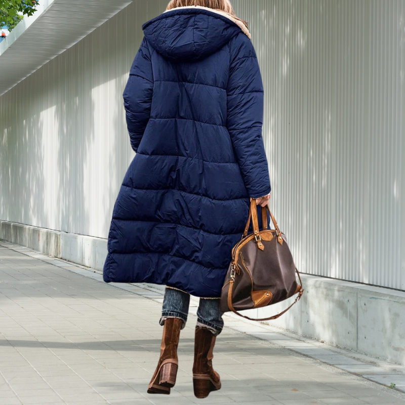 Damen Winterjacke lang mit Kapuze | Wattierte lange Jacke mit Reißverschluss und Seitentaschen für Alltag und kalte Tage