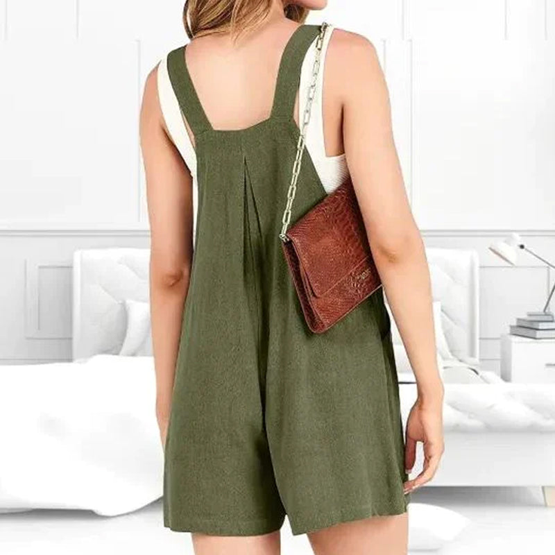 Damen Strampler aus Baumwolle | Verstellbare Träger, quadratischer Ausschnitt | Weites Bein, Taschen | Sommer &amp; Urlaub