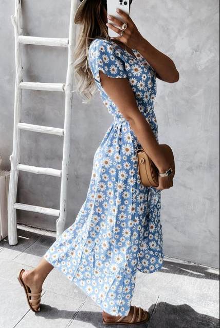 Damen Midikleid mit Gänseblümchenmuster | A-Linie &amp; herzförmiger Ausschnitt | Leichtes Material für Sommer &amp; Events