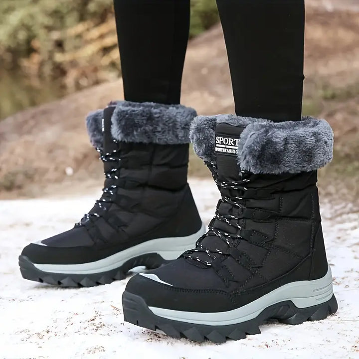 Damen Winterstiefel mit Kunstfell | Warme Schneestiefel mit rutschfester Sohle und Schnürung für Schnee und kalte Tage