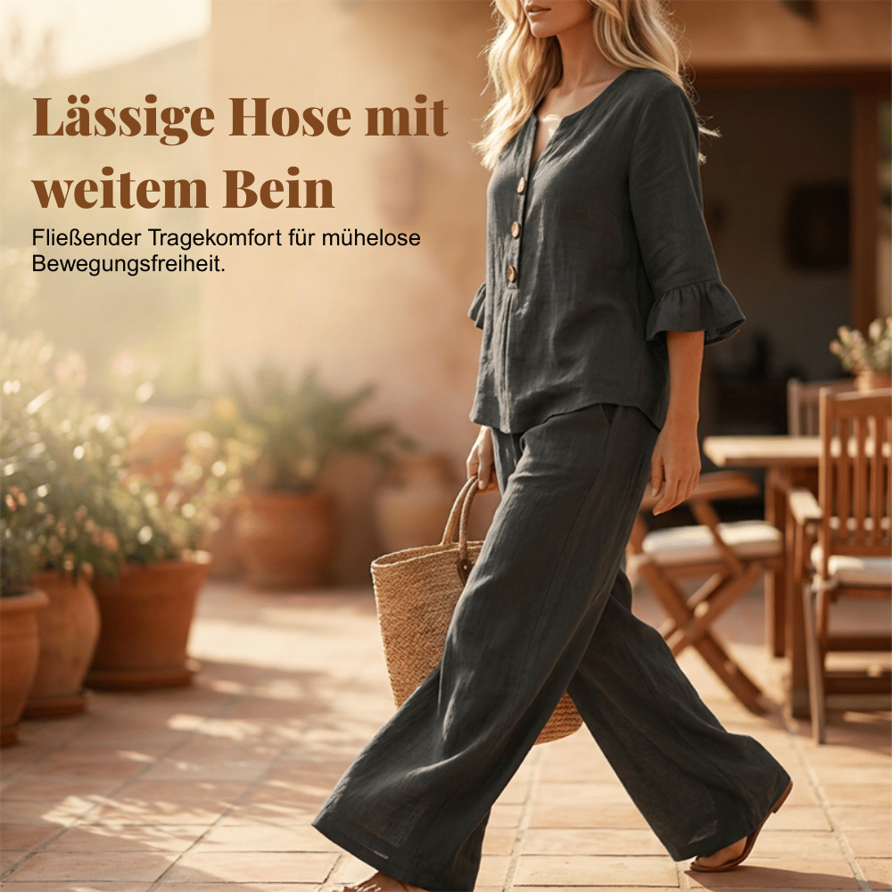 Damen-Loungeset | Zweiteiliges Set aus Baumwollmischung mit Rüschenärmeln und weiter Hose für Freizeit und Alltag