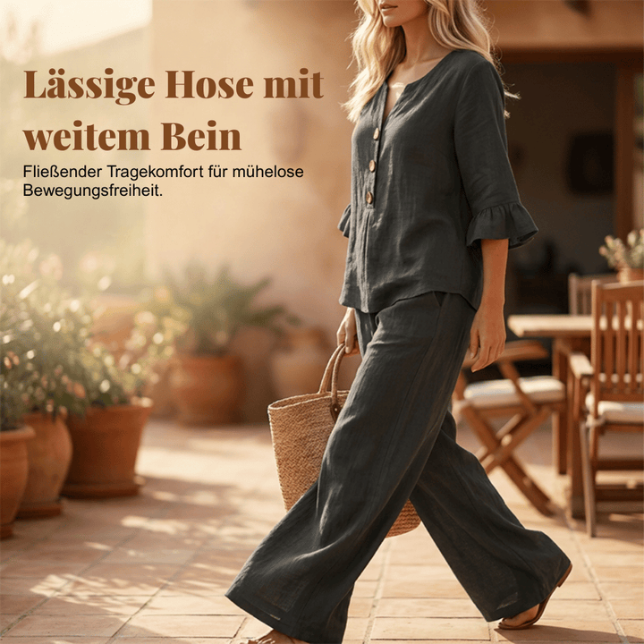Damen-Loungeset | Zweiteiliges Set aus Baumwollmischung mit Rüschenärmeln und weiter Hose für Freizeit und Alltag